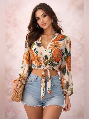 Boho Chic Clementine Floral Tie-Front Top | Size Small | New Without Tags